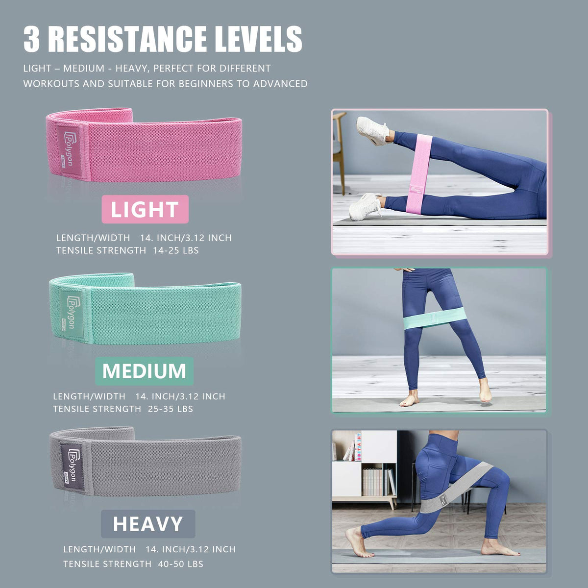 Polygon Resistance Exercise Bands, Polygon Fabric Non Slip Hip Bands for Squats, Legs, Butt, Thigh and Hip Workout, Thick Wide Fitness Loop for Men & Women. Workout Guide Included (Set of 3) 🍁 All In One Marketplace Canada
